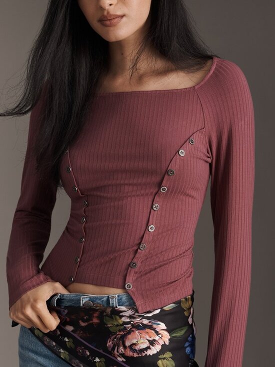 Anthropologie Tops - Anthropologie Buttoned Boatneck Thermal Top Pomegranate L